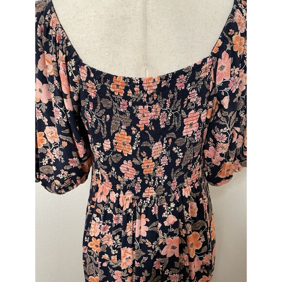 Old Navy Women’s Large Black Floral Midi Dress Square Neck Puff Sleeve Leg Slit - Picture 6 of 12